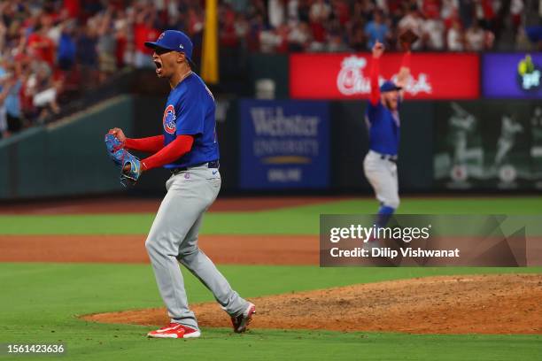 Adbert Alzolay of the Chicago Cubs reacts after beating the St. Louis Cardinals in the ninth inning at Busch Stadium on July 28, 2023 in St Louis,...