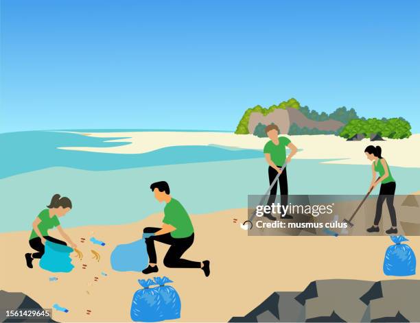 illustrations, cliparts, dessins animés et icônes de un groupe de jeunes écologistes nettoie la plage pour soutenir la durabilité - dépollution