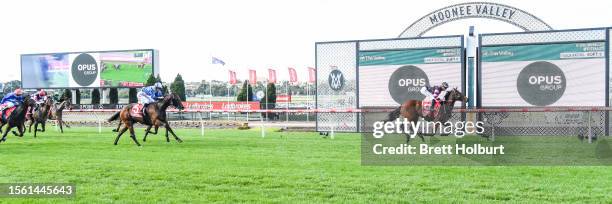 Tiz Enuf ridden by Jordan Childs wins the Opus Group Handicap at Moonee Valley Racecourse on July 29, 2023 in Moonee Ponds, Australia.