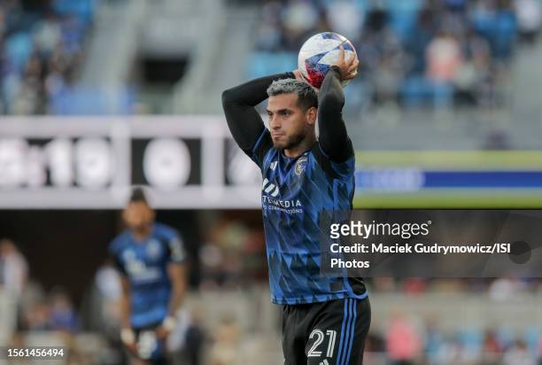 Miguel Trauco of San Jose Earthquakes with a throw in during a game between St. Louis City SC and San Jose Earthquakes at PayPal Park on June 24,...