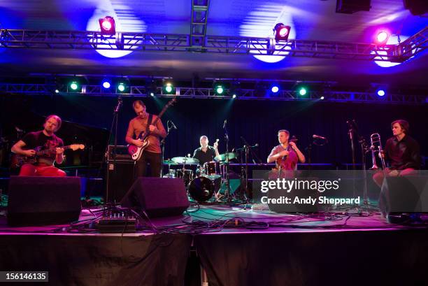Lasse Sakara, Lasse Lindgren, Olavi Louhivuori, Osmo Ikonen and Ilmari Pohjola of the Finnish band Odderrang perform on stage during the London Jazz...