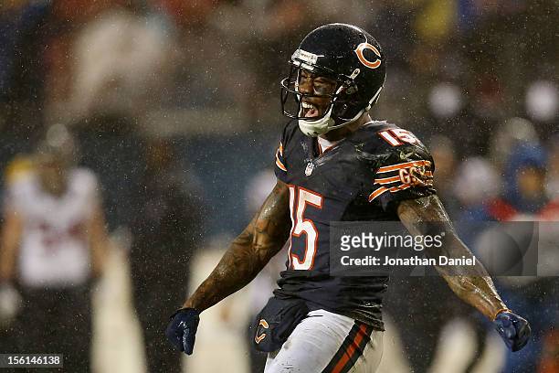 Wide receiver Brandon Marshall of the Chicago Bears celebrates a third quarter completion against the Houston Texans during the game at Soldier Field...