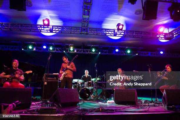 Lasse Sakara, Lasse Lindgren, Olavi Louhivuori, Osmo Ikonen and Ilmari Pohjola of the Finnish band Odderrang perform on stage during the London Jazz...