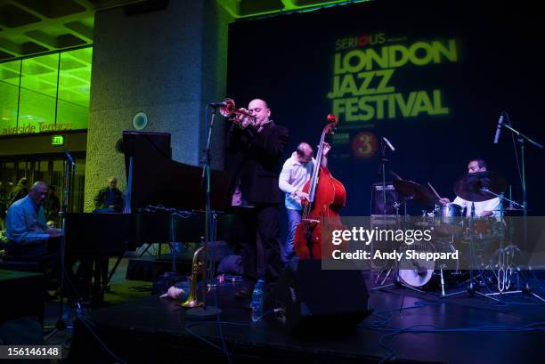 Kirk Lightsey, Stephane Belmondo and Sylvain Romano perform on stage with the Stephane Belmondo Quartet during the London Jazz Festival 2012 on...