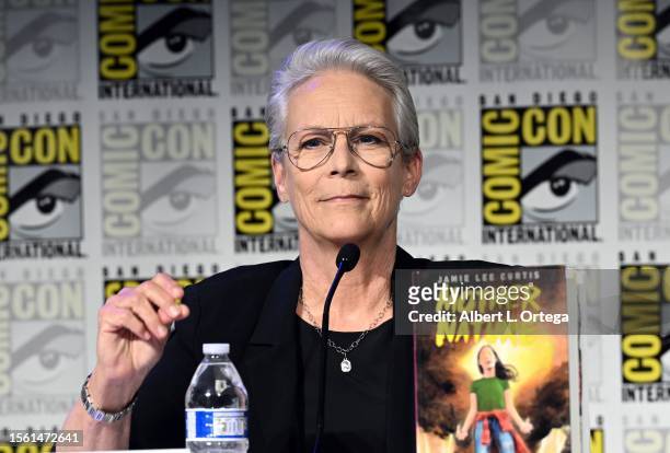 Jamie Lee Curtis speaks onstage at Jamie Lee Curtis's "Mother Nature", a Candid Discussion of her all-new graphic novel/movie, during 2023 Comic-Con...