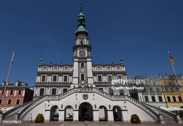 View of the Market Square with the City Hall in Zamosc Old Town, Zamosc, Lublin Voivodeship, Poland on July 09, 2023. Zamosc, in southeastern Poland...