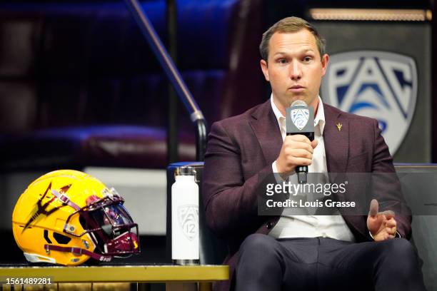 Head Coach Kenny Dillingham of the Arizona State Sun Devils speaks with the media at Zouk Nightclub at Resorts World Las Vegas on July 21, 2023 in...