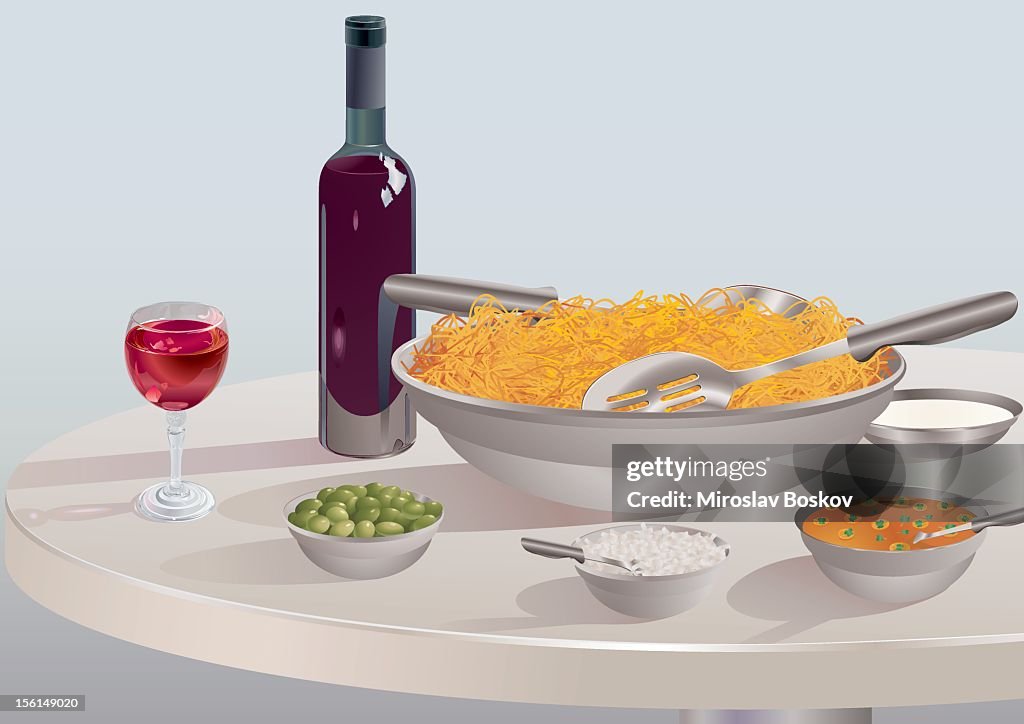 Comida italiana-Esparguete Milanês com Vinho Tinto