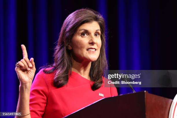 Nikki Haley, former ambassador to the United Nations, gestures as she speaks at the Republican Party Of Iowa's annual Lincoln Dinner in Des Moines,...