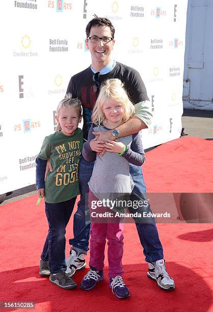 Actor Dan Bucatinsky and his children Jonah and Eliza arrive at the 14th Anniversary of the P.S. Arts Express Yourself Gala at Barker Hangar on...