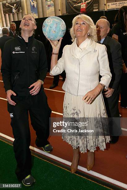 Camilla, Duchess of Cornwall throws a netball during a visit to AUT Millennium on November 12, 2012 in Auckland, New Zealand. The Royal couple are in...