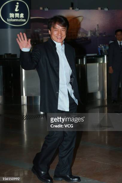 Actor Jackie Chan attends the wedding ceremony of Guo Jingjing and Kenneth Fok Kai-kong at Hong Kong Convention and Exhibition Center on November 11,...