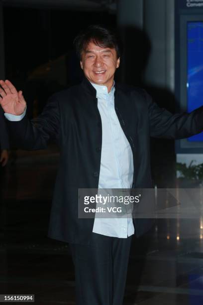 Actor Jackie Chan attends the wedding ceremony of Guo Jingjing and Kenneth Fok Kai-kong at Hong Kong Convention and Exhibition Center on November 11,...