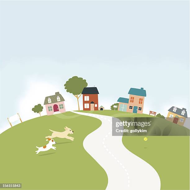 ilustraciones, imágenes clip art, dibujos animados e iconos de stock de perros corriendo en un pequeño pueblo - caseta de perro