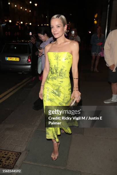 Lily Allen seen leaving the Duke of York's Theatre after her performance in "The Pillowman" on July 21, 2023 in London, England.