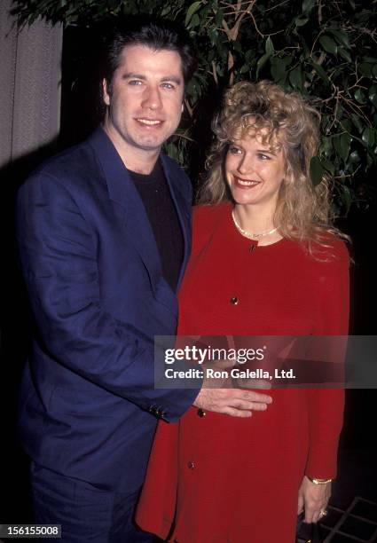 Actor John Travolta and actress Kelly Preston attend the 'Grease' Original Theatre Production's 20th Anniversary Celebration on February 15, 1992 at...