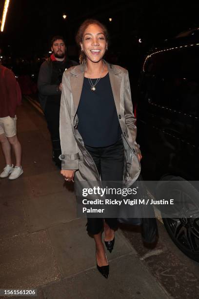 Miquita Oliver seen leaving the Duke of York's Theatre after her performance in "The Pillowman" on July 21, 2023 in London, England.