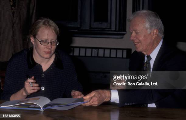 Amy Carter and Jimmy Carter attend book party for 'The Little Baby Snoogle Fleejer' on December 13, 1995 at Barnes and Noble in New York City.