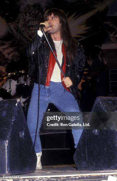 Musician Bruce Dickinson of Iron Maiden performs in concert on February 20, 1991 in Long Beach, California.