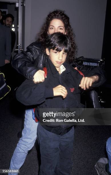 Singer Gloria Estefan and son Nayib Estefan being photographed on November 25, 1991 at Los Angeles International Airport in Los Angeles, California.