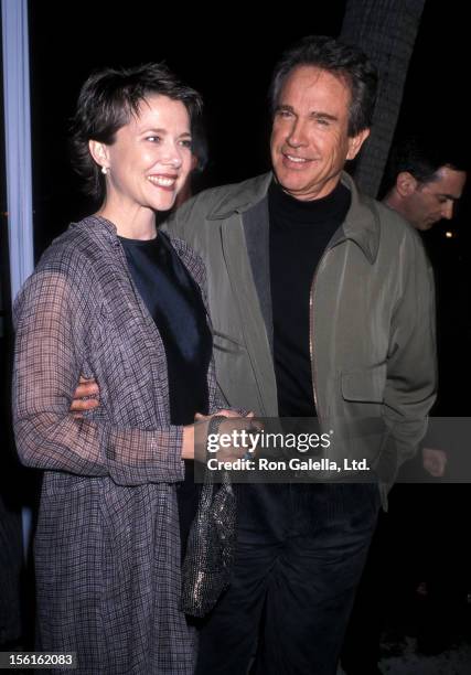 Actress Annette Bening and actor Warren Beatty attend the 'Bulworth' Beverly Hills Premiere on May 4, 1998 at Academy of Motion Picture Arts and...