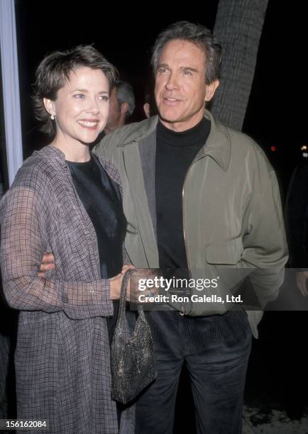 Actress Annette Bening and actor Warren Beatty attend the 'Bulworth' Beverly Hills Premiere on May 4, 1998 at Academy of Motion Picture Arts and...