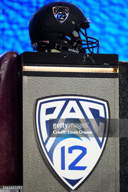 Black Pac-12 helmet on display in front of Resorts World for Pac-12 Media Day at Zouk Nightclub at Resorts World Las Vegas on July 21, 2023 in Las...