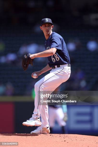 George Kirby of the Seattle Mariners pitches during the first inning against the Minnesota Twins at T-Mobile Park on July 20, 2023 in Seattle,...