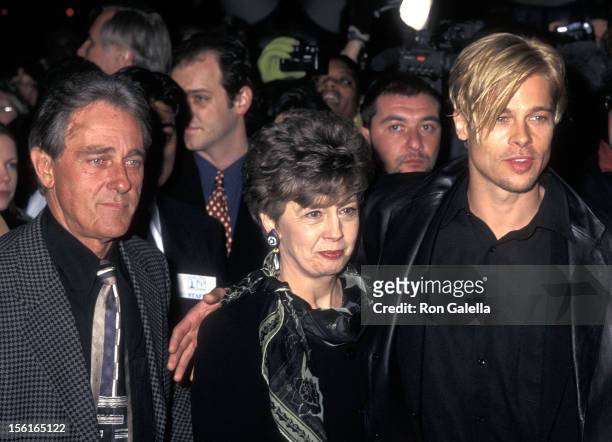 Actor Brad Pitt and parents William Pitt and Jane Pitt attend 'The Devil's Own' New York City Premiere on March 13, 1997 at City Cinemas Cinema 1 in...