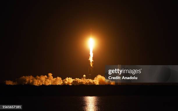 SpaceX Falcon Heavy rocket carrying the Jupiter 3 satellite lifts off from pad 39A at the Kennedy Space Center on July 28, 2023 in Cape Canaveral,...