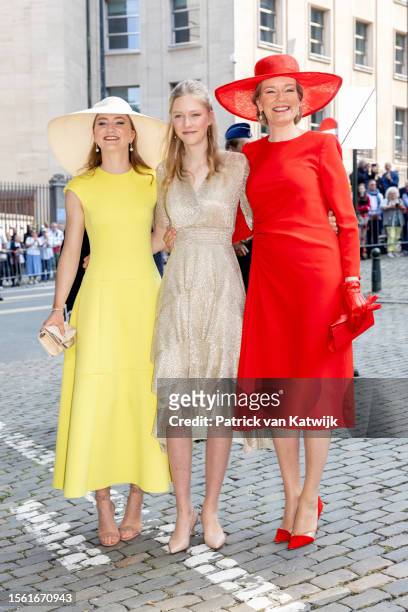 Princess Elisabeth of Belgium, Princess Eleonore of Belgium and Queen Mathilde of Belgium attend the te Deum mass in the Cathedral on July 21, 2023...