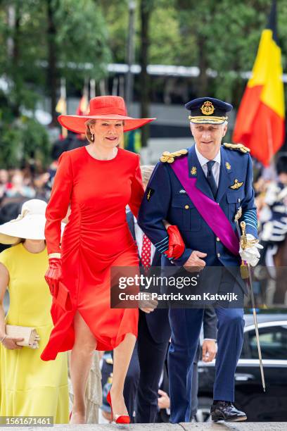 Queen Mathilde of Belgium and King Philippe of Belgium attend the te Deum mass in the Cathedral on July 21, 2023 in Brussels, Belgium.