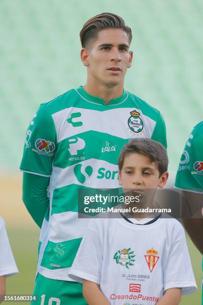 Santiago Muñoz of Santos looks on during the friendly match between Santos Laguna and Sporting de Gijon at Corona Stadium on July 16, 2023 in...