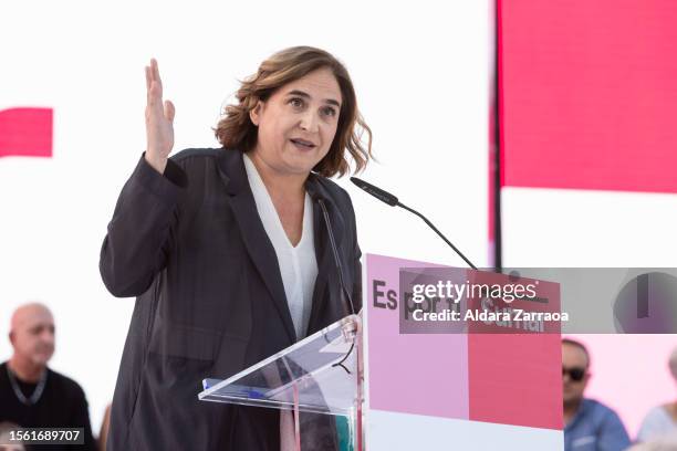 Ada Colau speaks during the electoral campaign closure at Parque Enrique Tierno Galvan on July 21, 2023 in Madrid, Spain. Voters in Spain head to the...