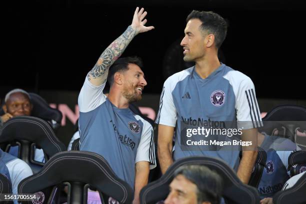 Lionel Messi of Inter Miami CF and Sergio Busquets of Inter Miami CF stand during the first half during the Leagues Cup 2023 match between Cruz Azul...