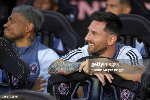 Lionel Messi of Inter Miami CF reacts during the first half during the Leagues Cup 2023 match between Cruz Azul and Inter Miami CF at DRV PNK Stadium...