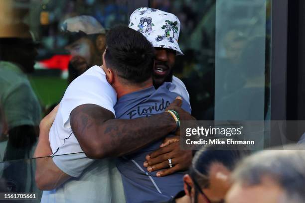 Player LeBron James of the Los Angeles Lakers hugs Lionel Messi of Inter Miami CF prior to the Leagues Cup 2023 match between Cruz Azul and Inter...