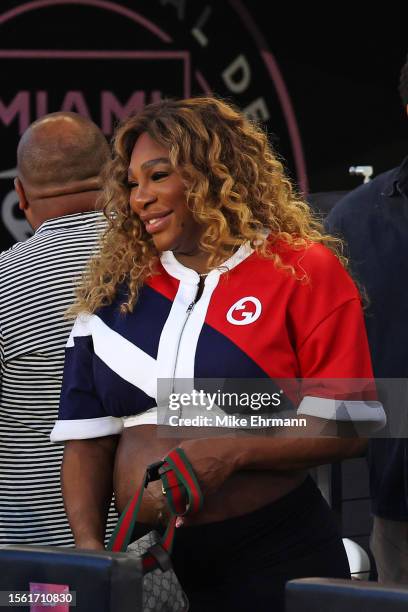Tennis player Serena Williams reacts during the Leagues Cup 2023 match between Cruz Azul and Inter Miami CF at DRV PNK Stadium on July 21, 2023 in...