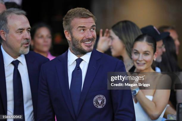 Co-owner David Beckham of Inter Miami CF reacts prior to the Leagues Cup 2023 match between Cruz Azul and Inter Miami CF at DRV PNK Stadium on July...