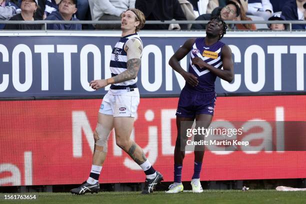 Michael Frederick of the Dockers watches on during the round 20 AFL match between Geelong Cats and Fremantle Dockers at GMHBA Stadium, on July 29 in...