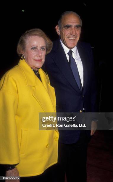 Actor Abe Vigoda and wife Beatrice Schy attend the premiere of 'Joe vs. The Volcano' on March 7, 1990 at Mann Regent Theater in Los Angeles,...