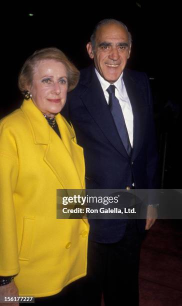 Actor Abe Vigoda and wife Beatrice Schy attend the premiere of 'Joe vs. The Volcano' on March 7, 1990 at Mann Regent Theater in Los Angeles,...