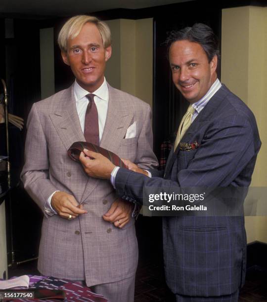 Political Analyst Roger Stone and designer Alan Flusser attend Exclusive Photo Session With Roger Stone on August 19, 1987 at Alan Flusser Boutique...