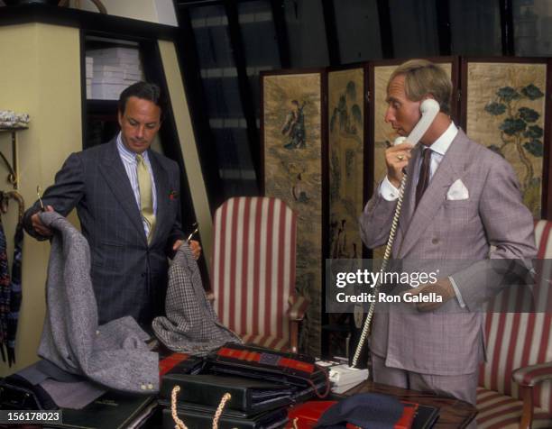 Political Analyst Roger Stone and designer Alan Flusser attend Exclusive Photo Session With Roger Stone on August 19, 1987 at Alan Flusser Boutique...