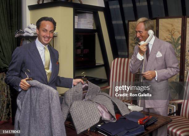 Political Analyst Roger Stone and designer Alan Flusser attend Exclusive Photo Session With Roger Stone on August 19, 1987 at Alan Flusser Boutique...