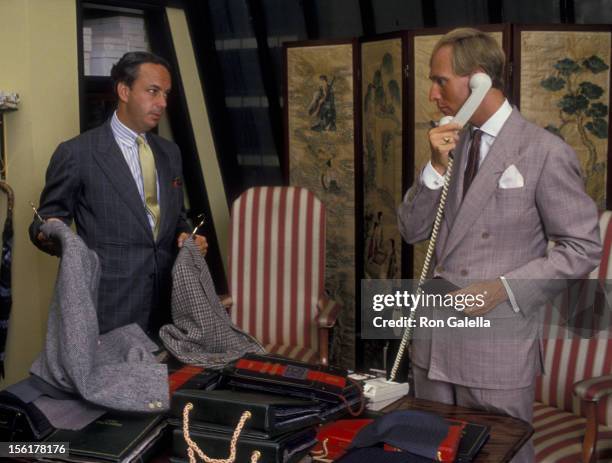 Political Analyst Roger Stone and designer Alan Flusser attend Exclusive Photo Session With Roger Stone on August 19, 1987 at Alan Flusser Boutique...