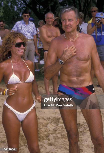 Actor Lyle Waggoner and wife Sharon Kennedy attend Kauai Lani Celebrity Sports Invitational on October 6, 1988 in Kauai Lani, Hawaii.