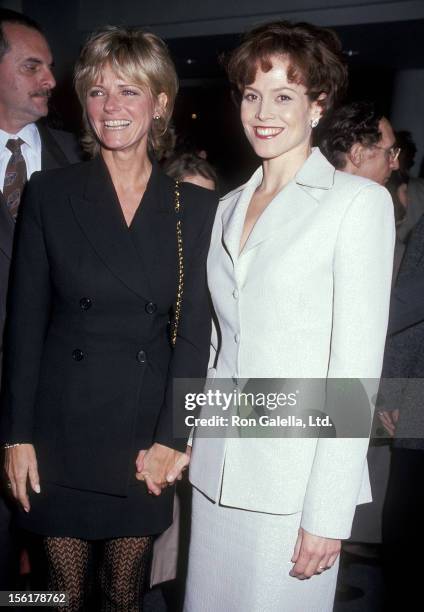 Model Cheryl Tiegs and actress Sigourney Weaver attend the 'Death and the Maiden' New York City Premiere on December 5, 1994 at Sony Theatres Lincoln...