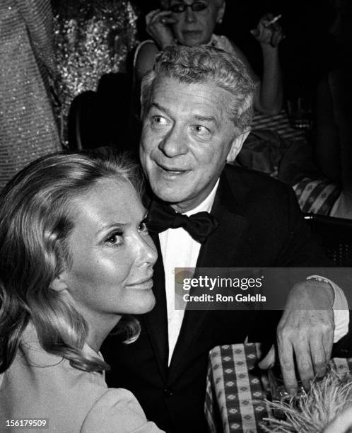 Producer David Susskind and wife Joyce Davidson attend the 'Weekend' Opening Night Party on March 13, 1968 at Unicorn Restaurant in New York City.