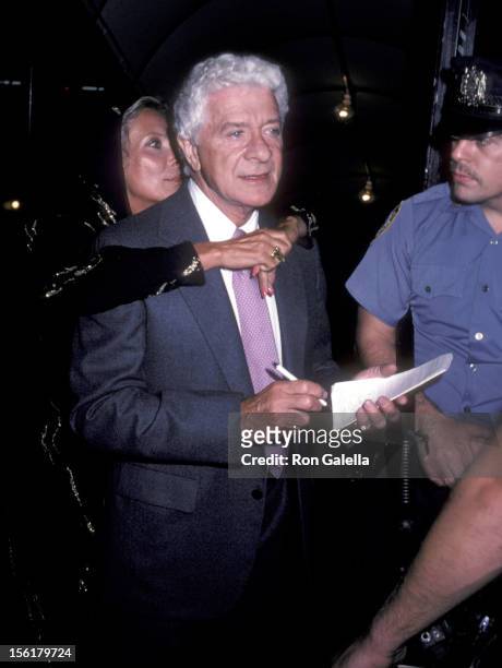 Producer David Susskind and wife Joyce Davidson attend the Yves Montand Opening Night Performance After Party on September 7, 1982 at Luchow's in New...